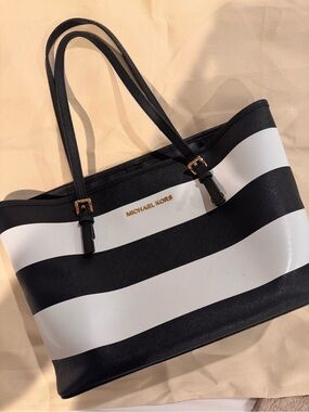 Michael Kors Black and White Striped Tote